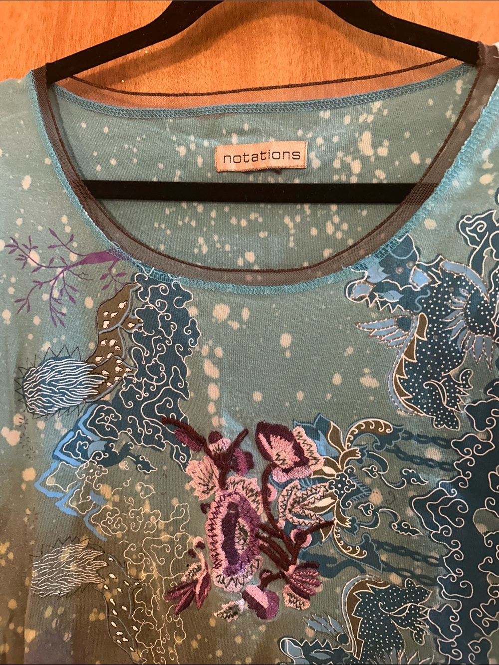 Notations Teal Embroidered Floral & Wave Long Sleeve Top. L. Great condition